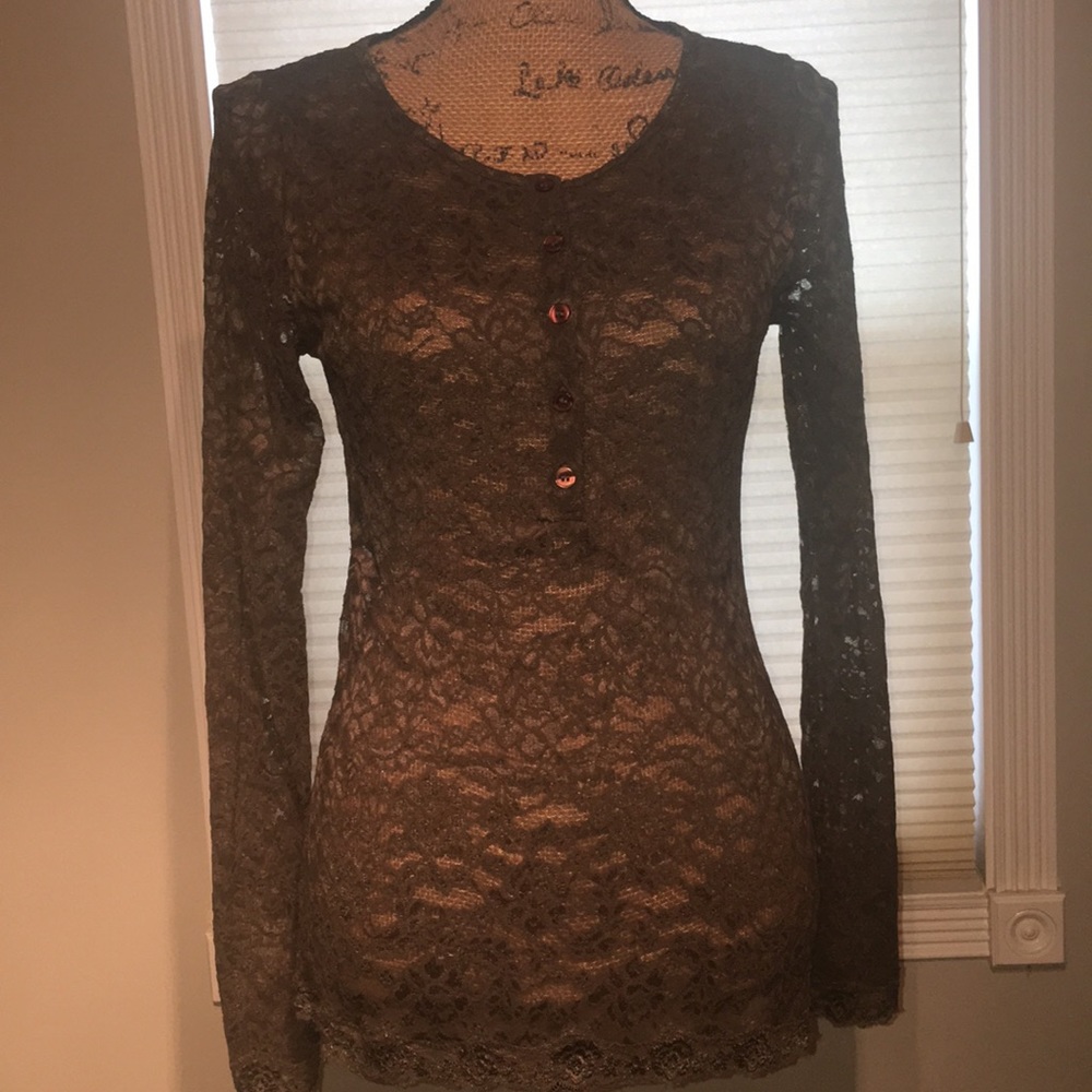 Soft lace button up long sleeve sheer top